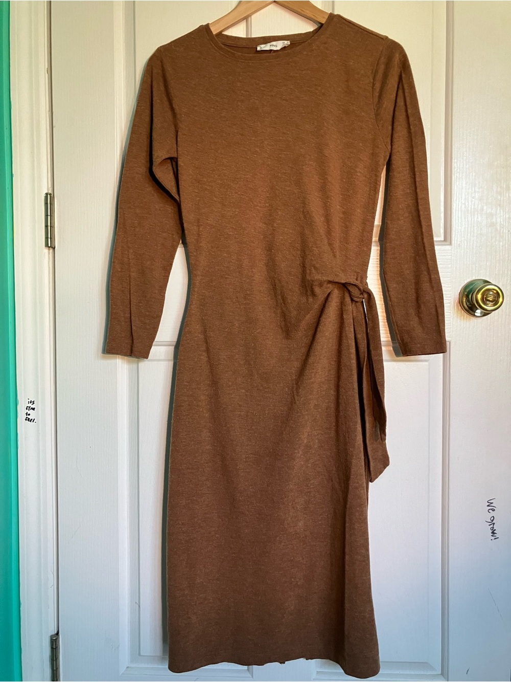 MNG Brown Long Sleeve Midi Dress with Side Tie Detail